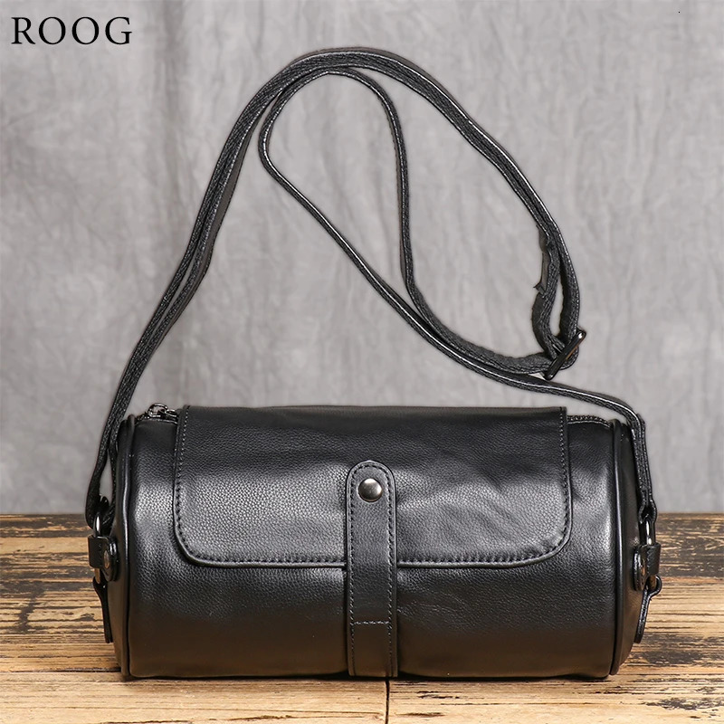 ROOG black cylindrical leather cross body bag stylish minimalist n perfect for easy storage of daily items 241008
