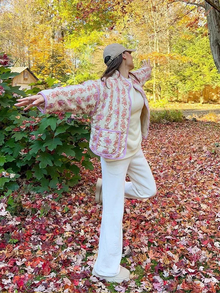 Casual printed womens cotton coat elegant stand up collar casual jacket womens quilted jacket autumn and winter top 241007