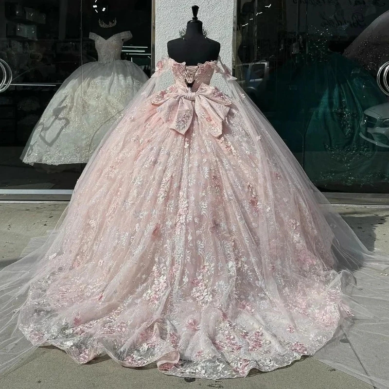 Pink Shiny Quinceanera Dresses With Cape Lace Applique Beads Tull Prom Dress Sweet 15 16 Birthday Princess Vestido De 15 Anos