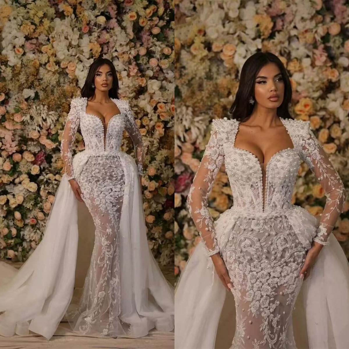 Exquisite Mermaid Wedding Dress Beading Pearls Sweetheart Neck Long Sleeve Bride Gowns Appliques Bridal Dresses Custom Made