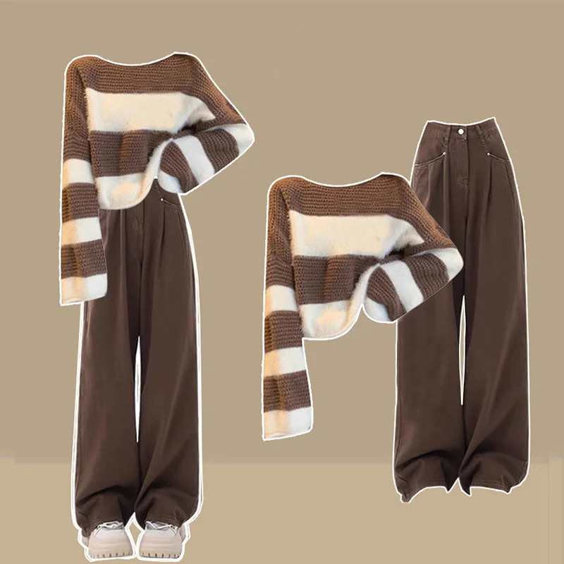 Womens Winter Set Loose Striped Tea Knitted Sweater High Waist Jeans Two Piece Clothing Pants 241008