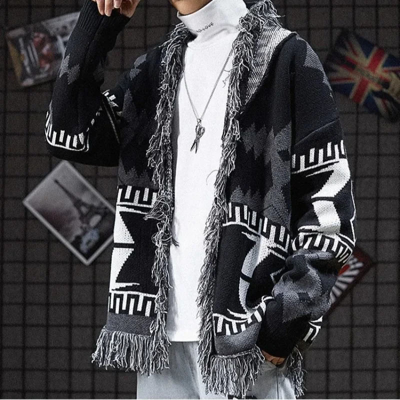 Autumn and winter knitted cardigan mens thin long sleeved jacket Korean fashion retro Y2k review mens top sweater 241007
