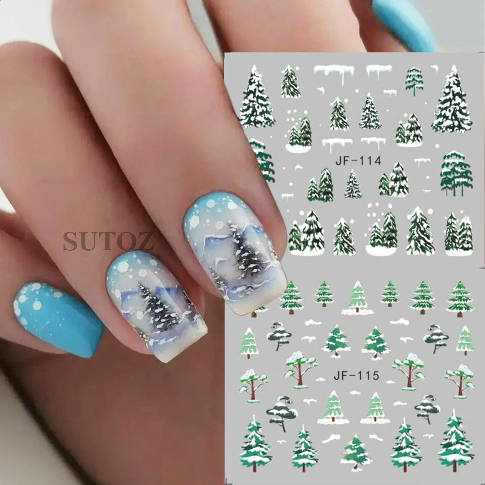 Christmas water nail stickers winter forest nail stickers snow trees Year decorations transfer slider 241008