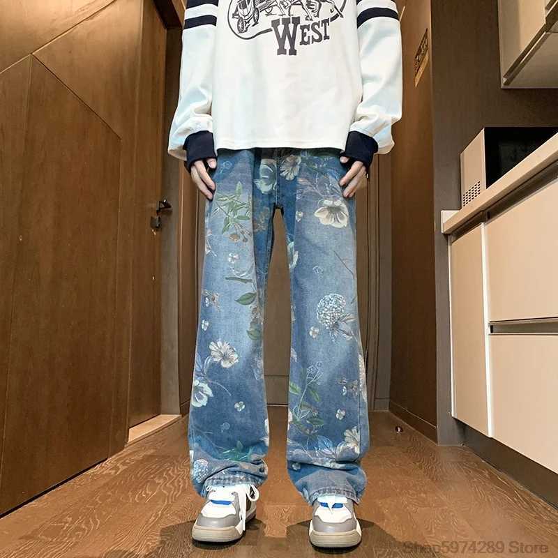 2024 Mens Fashion Floral Printed Jeans Korean Style Autumn Denim Pants High Street Loose Trousers Hip Hop Wide-leg Jean PantsX241009