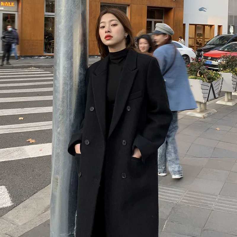 Black Suit Jacket Womens 2023Autumn And Winter New Cotton Thickened Loose Medium And Long Woolen Coat WomenX241009