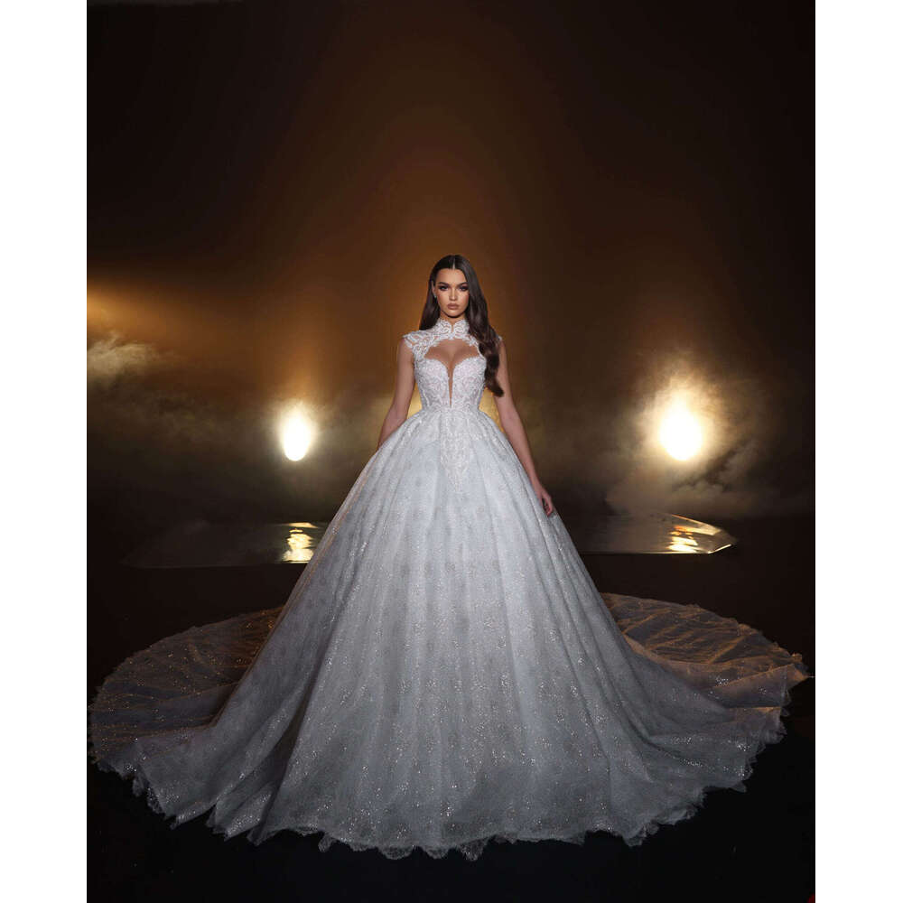 Wedding Dress Ball Gown High Neck Appliques Sequins Sleeveless or-Length Princess Bride Vestido De Noiva Custom Made