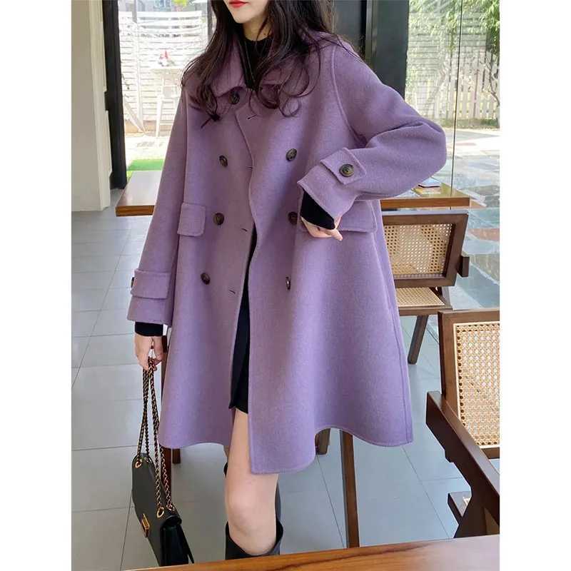 Fashion Double Sided Woolen Coat Spring Autumn Winter Coat Womens Korean Mid Length Double Breasted Buckle Woolen OuterwearX241009