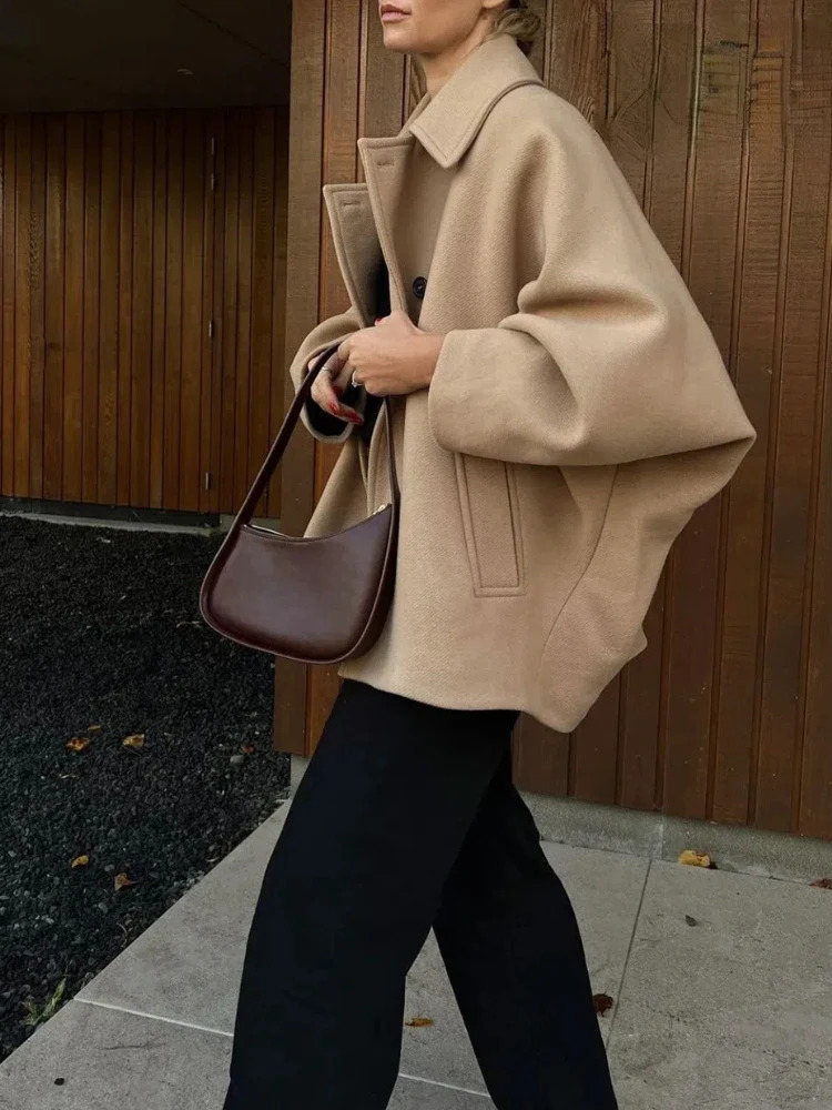 Casual Lapel Diagonalbreasted Coat Women Autumn Loose Solid Pockets Woolen Coats Female Winter Elegant Chic Street Outwear 240930