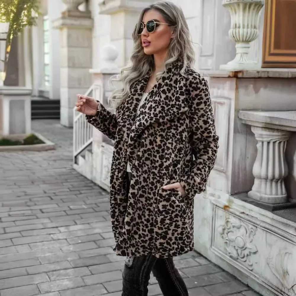 Leopard Print Woolen Coats Mid Length Fashion Casual Jackets Comfortable Long Sleeves Streetwear Ladies Autumn WinterX241009