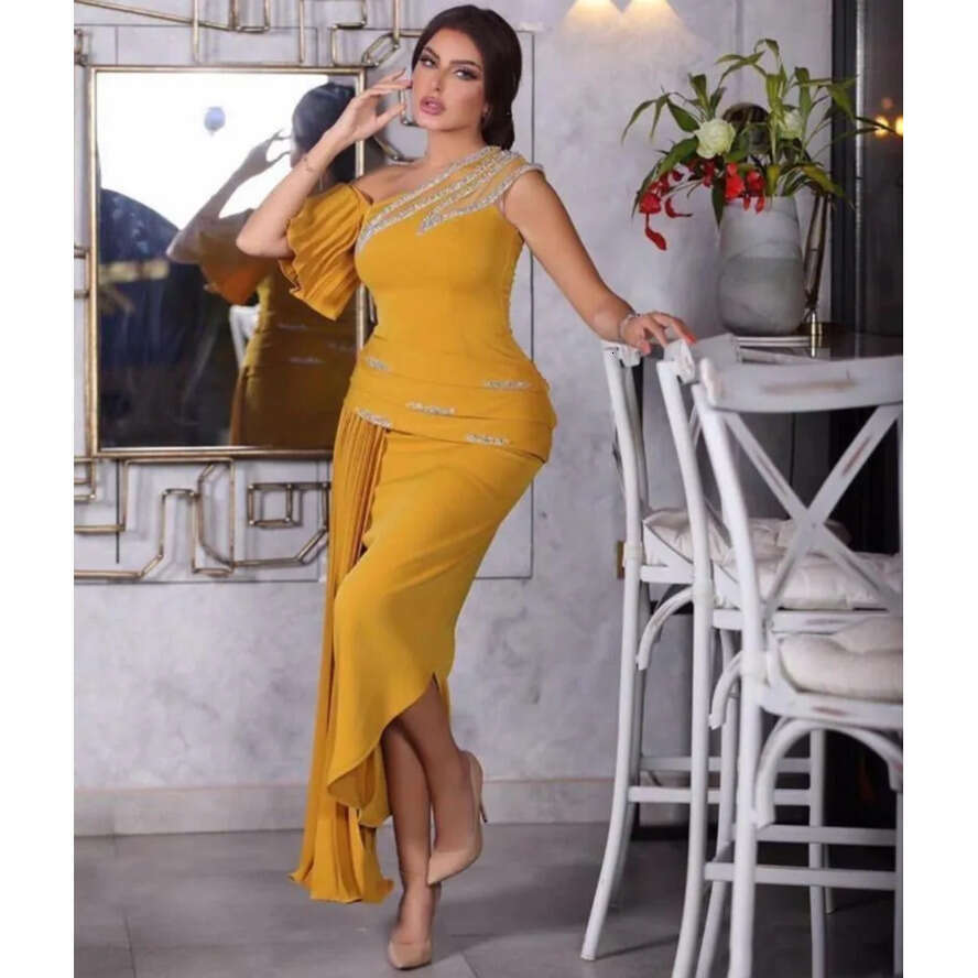 Prom HOT Yellow Mermaid New Design Beaded Short Split Evening Dresses Formal Party Gowns Custom Made Abendkleider