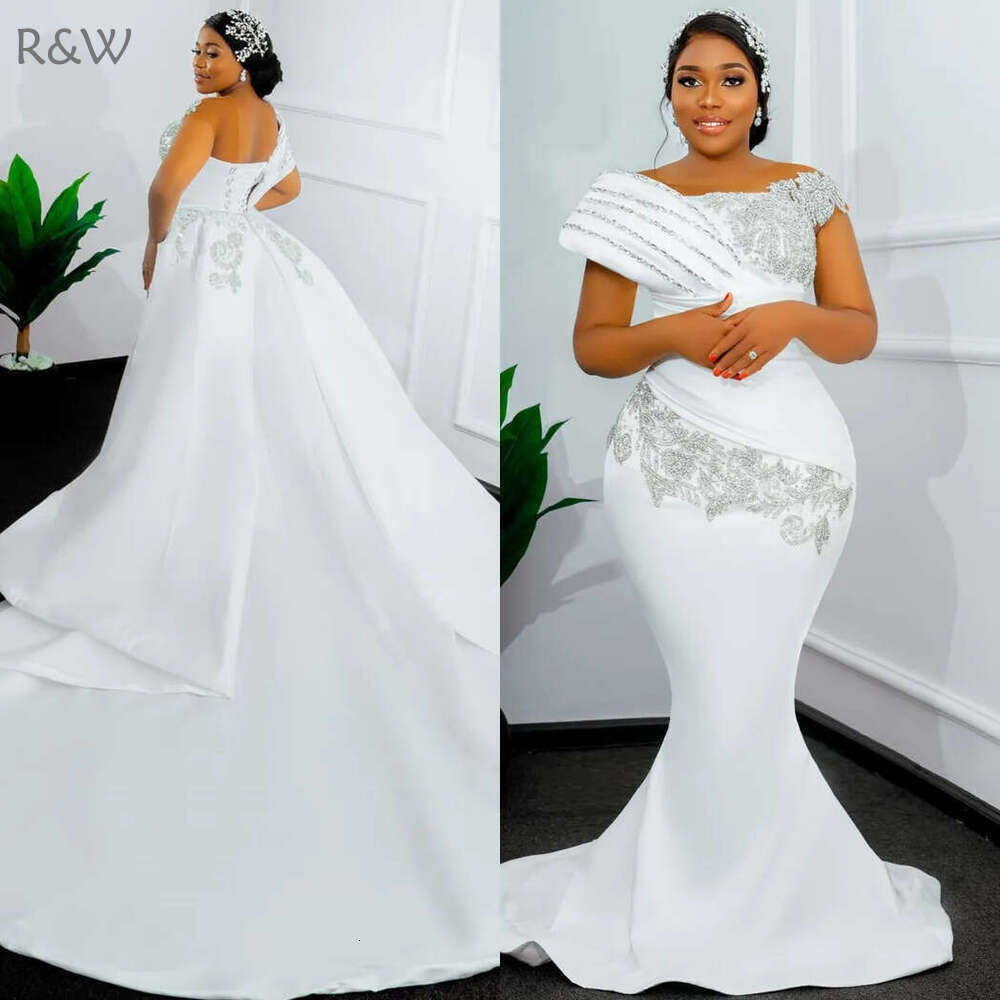 R&W 2024 Mermaid Dress For Bride Bridal With Detachable Train One Shoulder Rhies Beaded Satin Wedding Gowns for African Black Women Marriage D231