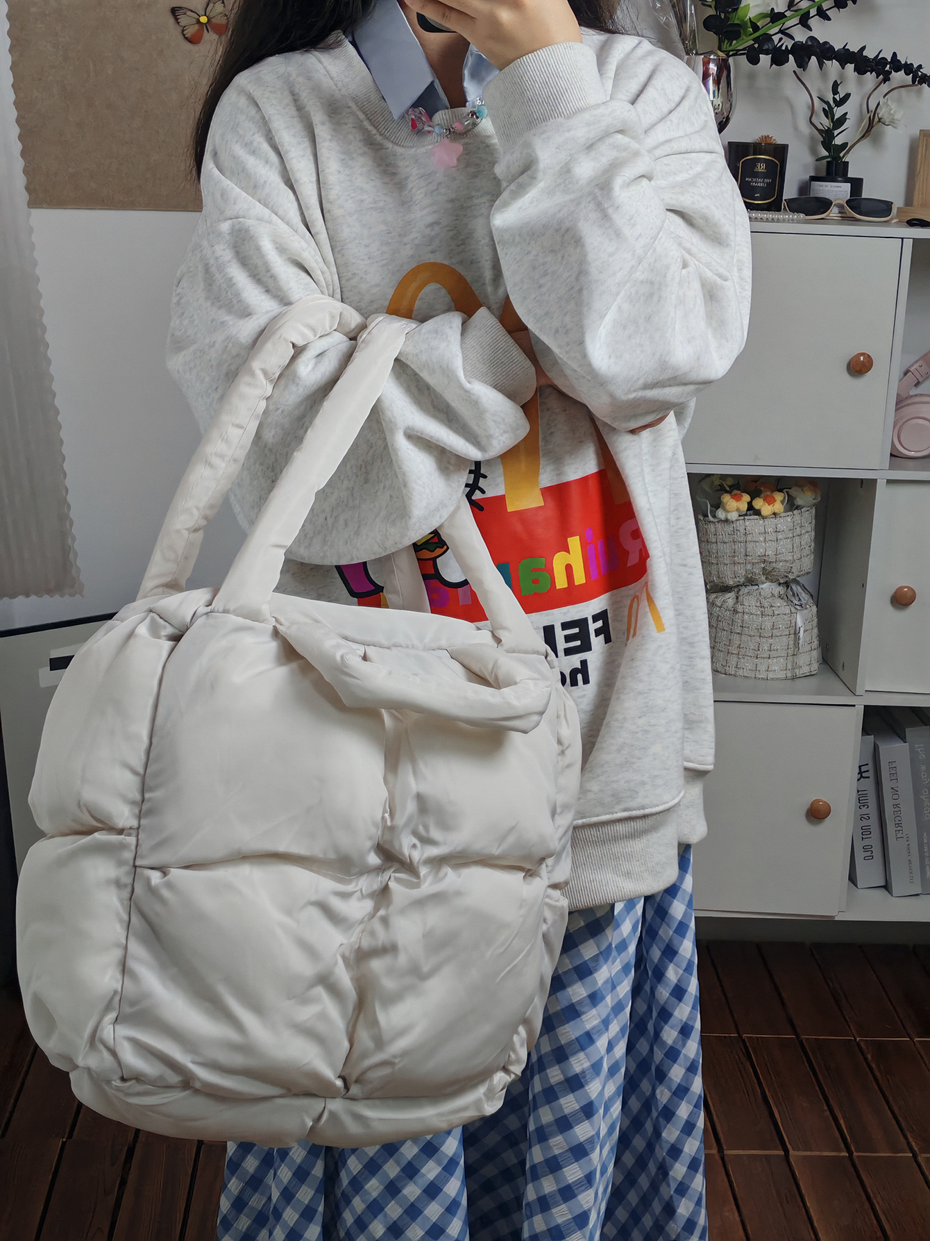Senior sense diamond lattice soft cotton large capacity Tote bag women new autumn and winter all-in-one underarm shoulder bag