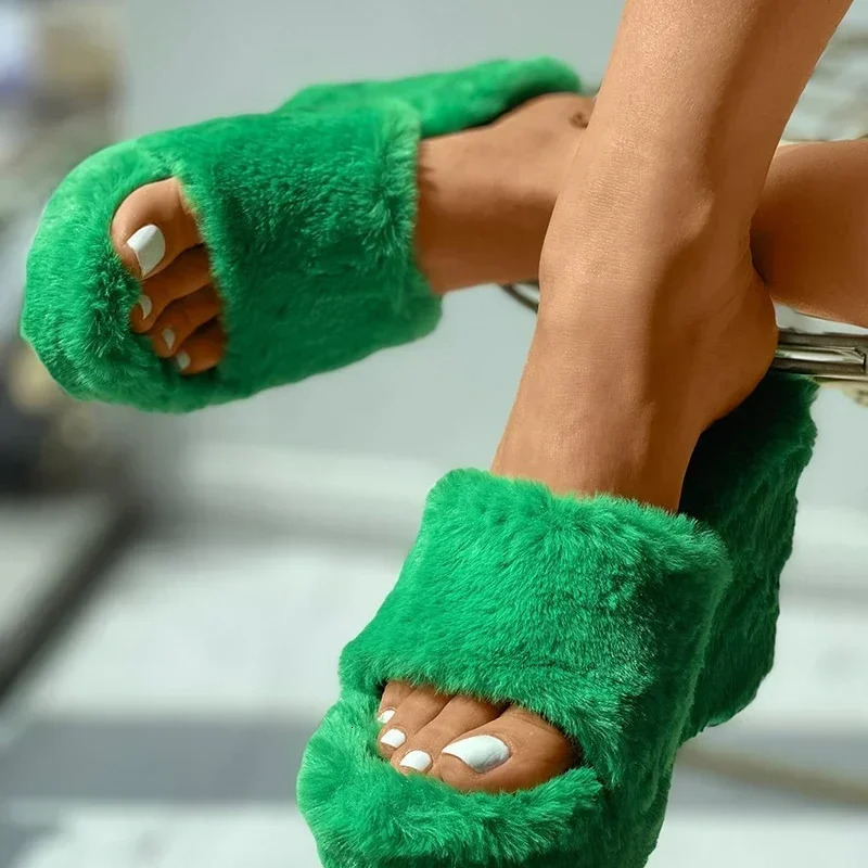 Winter womens fashion slider artificial fur fluffy fur platform thick heel outdoor slider height increases shoes for women 241007