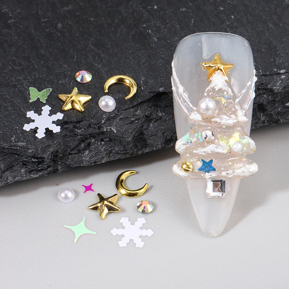 1 box of gold metal moon star decoration white pearl jewelry 3D nail charm snowflake Christmas tree for nail art accessories 241008
