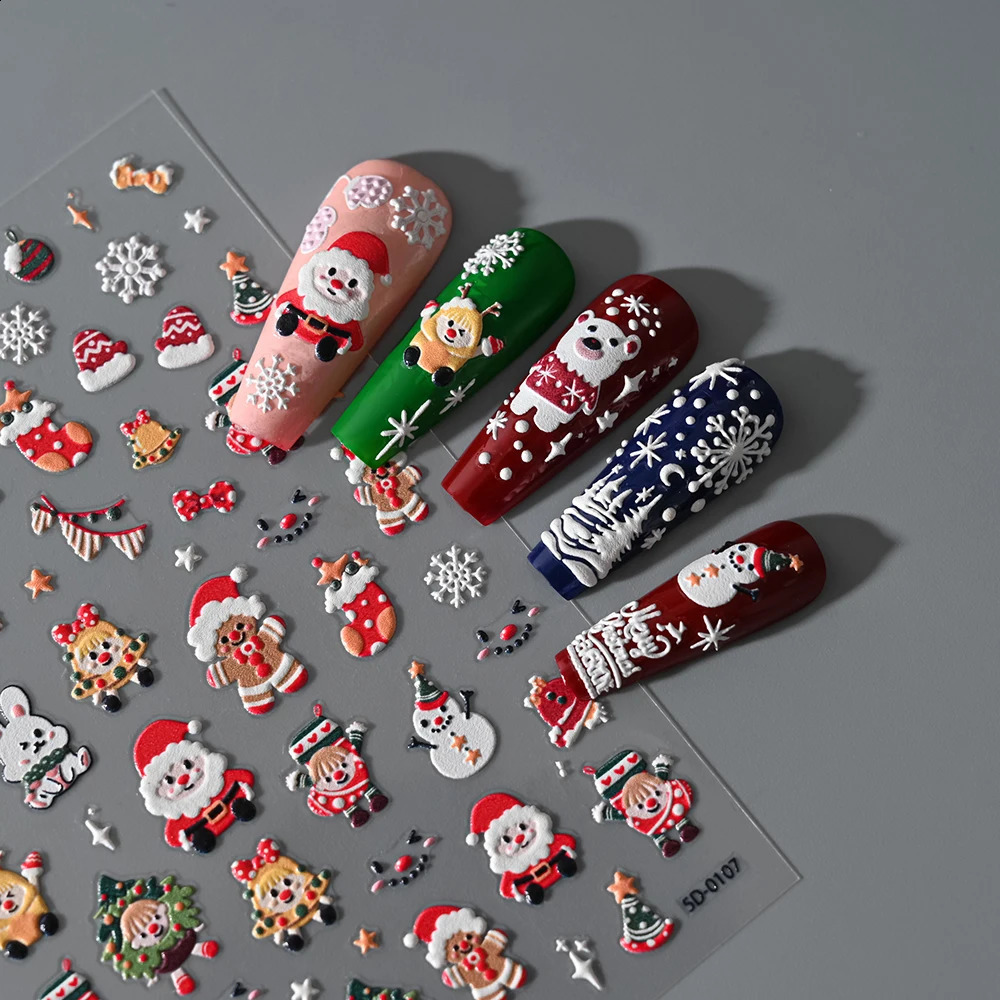 5D embossed gingerbread mens nail art stickers cute Santa Claus snowflake reindeer carving slider handmade decoration 241008