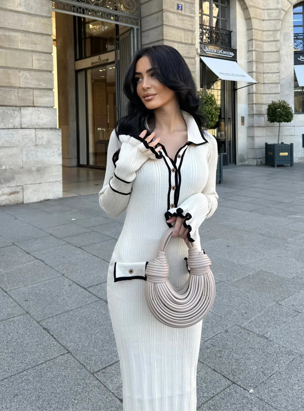 Women Casual Ruffled Knitted Long Sleeve Dress Lapel Buttoned French Slim Long Dress Warm Comfortable Dress Autumn Winter wear 241009