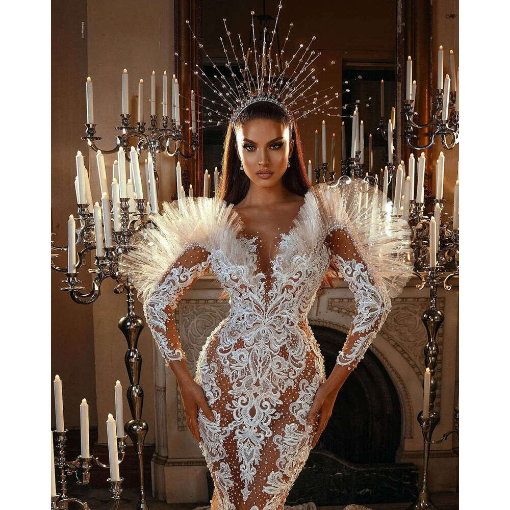 Gorgeous Wedding Dresses Mermaid V-Neck Appliques Pearls Long Sleeve Princess Bride Dress Vestido de novia Custom Made