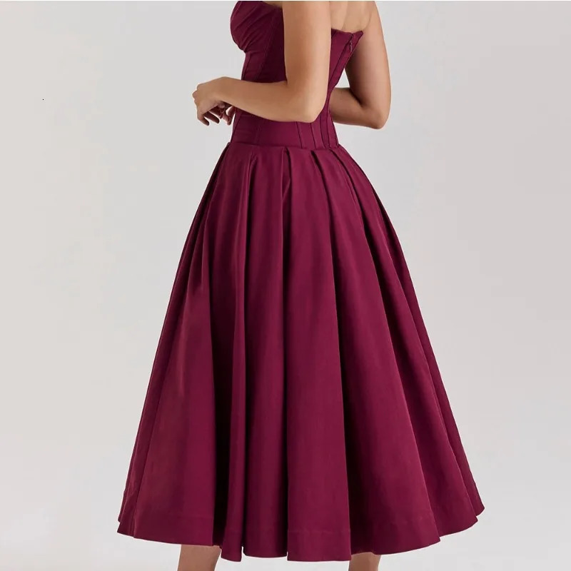 2024 Lady Strapless Midi Dres Sexy Summer Dresses Solid Color Fishbone Corset Graceful Birthday Evening Dress Vestidos 241009
