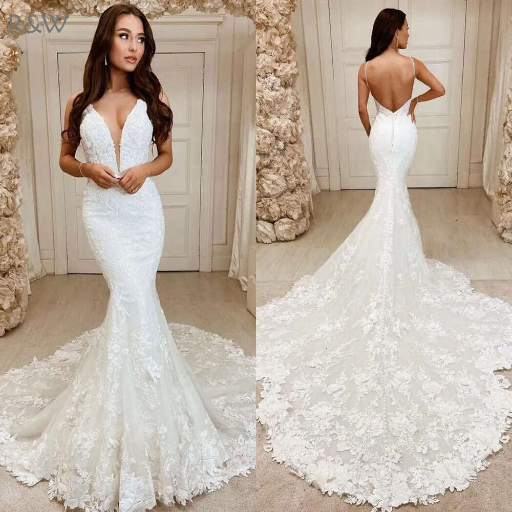 R&W 2024 Mermaid Dresses Bridal Gowns Fulllace V Neck Beaded Lace 3D 3D-ral Appliques Pearls Decorated Wedding Gown for African Black Women Bride Girl