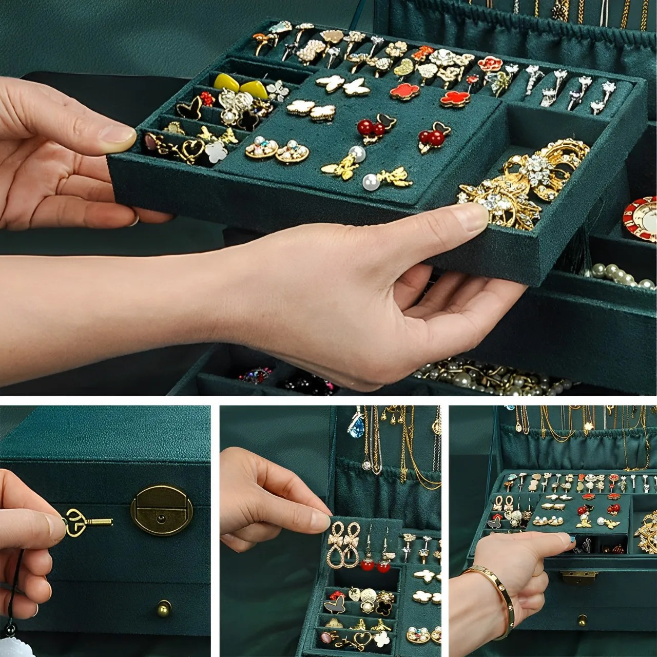 2024 3-layer Retro Style Velvet Jewelry Box Double Lock Storage Box Necklace Watch Earrings Jewelry Box Ring Box Gift Packaging 240924