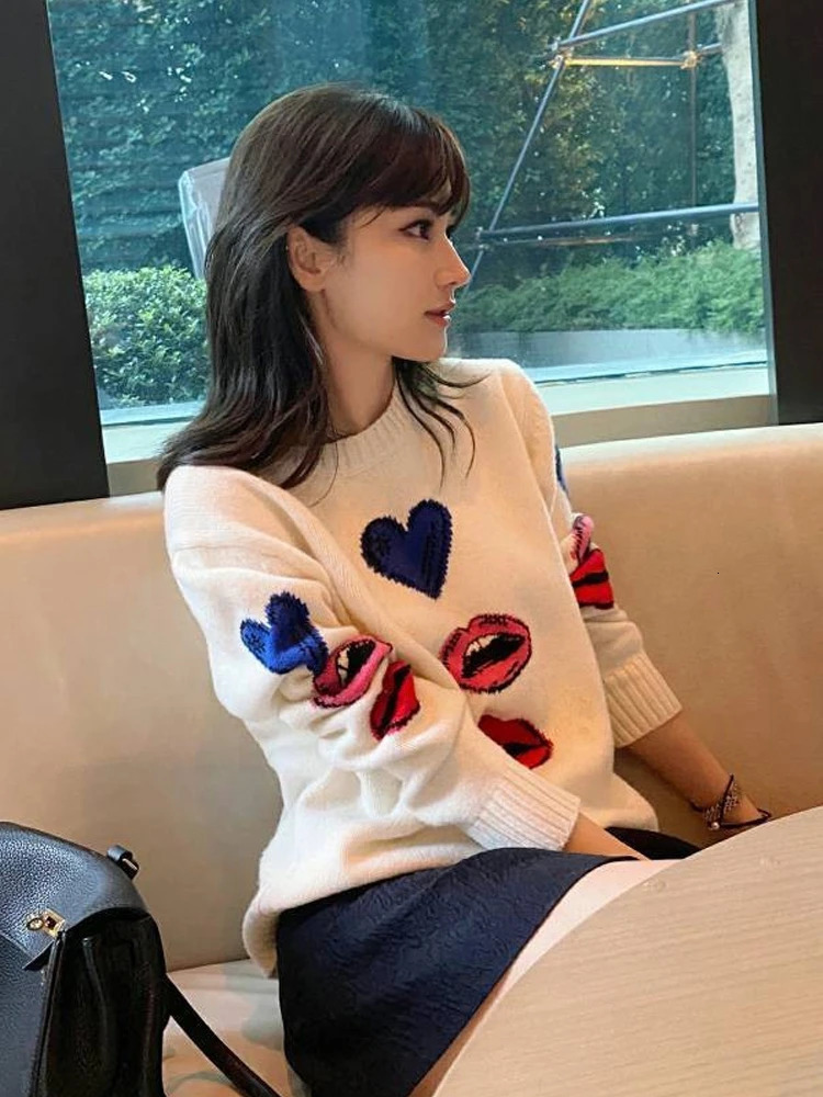 Autumn and Winter Wool Lanhua Womens Round Neck Loose Set Love Lipstick Sweater Cashmere Knitted Bottom 241007