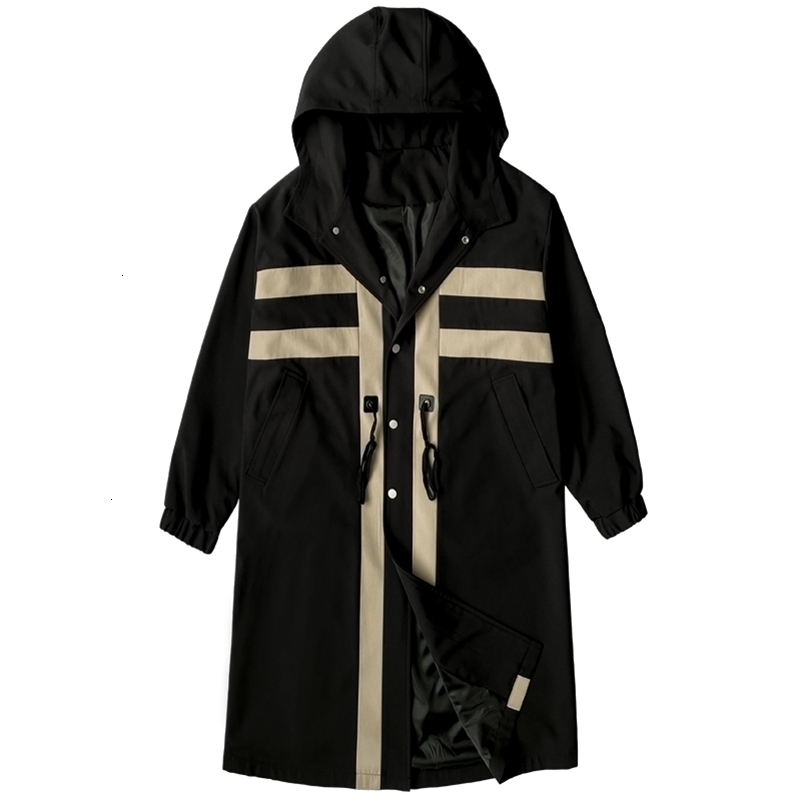 Trench coat Mens Windbreaker Patchwork Color Medium Long Trenchcoat Korean Fashion Covered Button Male Hooded Trench Jacket 241008