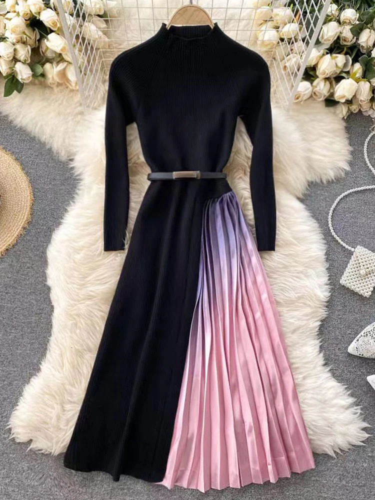 Autumn and Winter Womens Gradient Color Patchwork Sweater Elegant Long Sleeve Midi Knitted Party Vest with Belt 241007