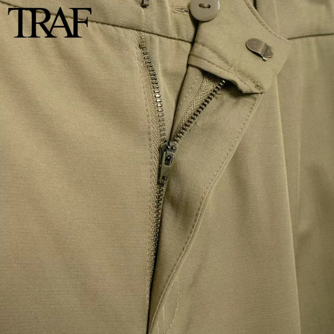 TRAF Womens Fashion Drawstring Bottom Pocket Long Sleeve Zipper Collar Jacket High Waist Folded Pants Two Piece Set 241008