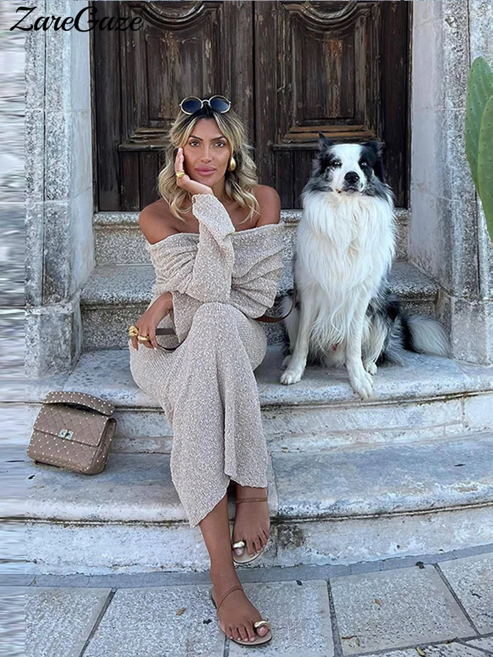 Knitted hollow shoulder Maxi dress womens ultrathin sexy perspective summer beach vacation vest 241007