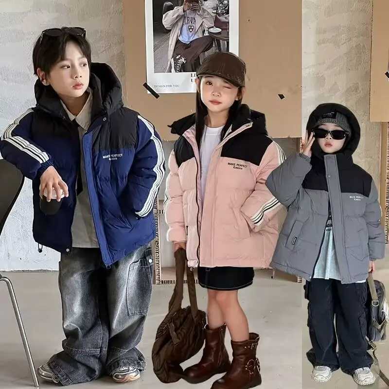 Winter Children Girl Down Jacket Loose Solid Stripe Sleeve ToddlerBoys Snowsuit Thicken Warm Hooded Junior Girl Coat LX241009