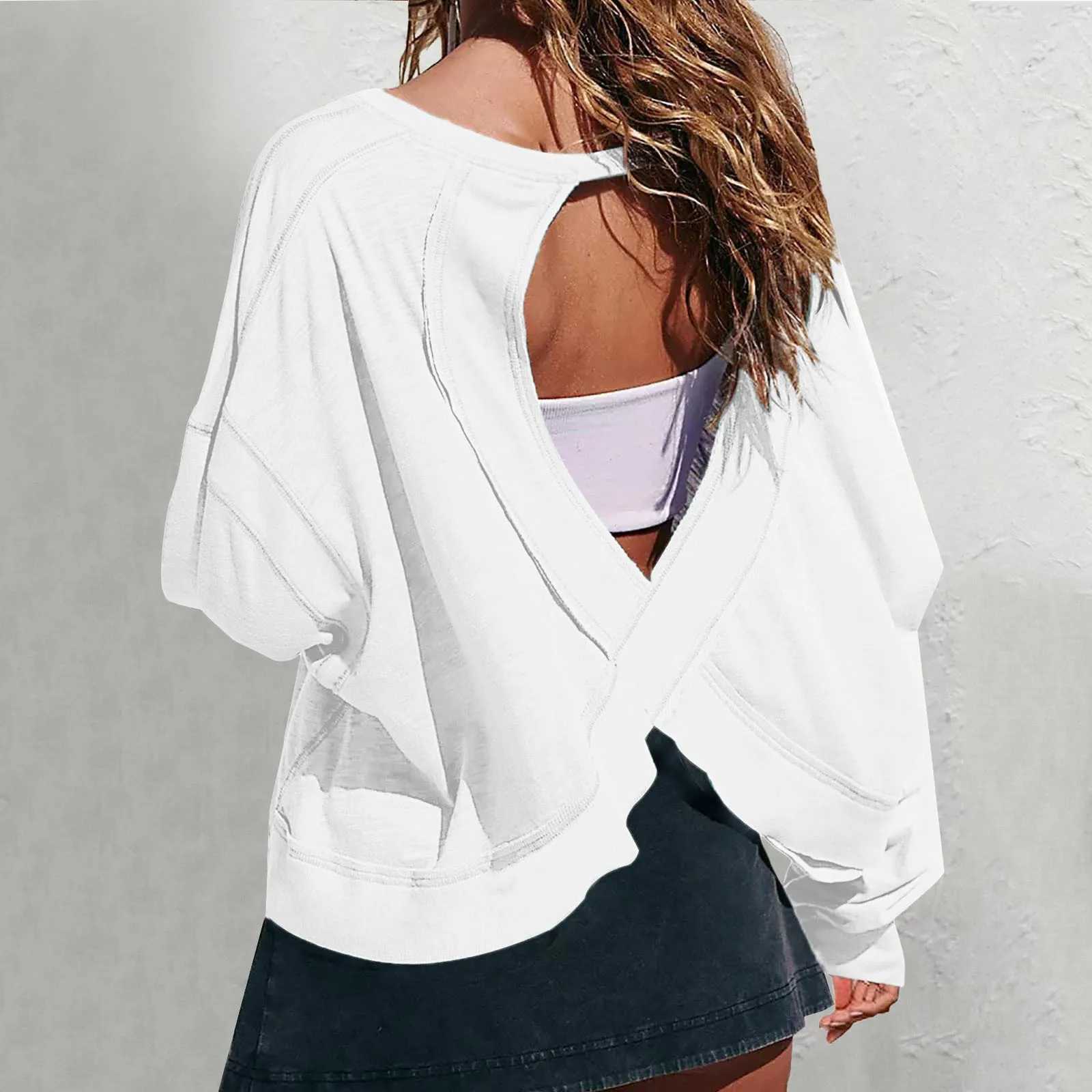 Womens open back exercise top long sleeved sports T-shirt backless round neck gym running yoga casual wear M241009
