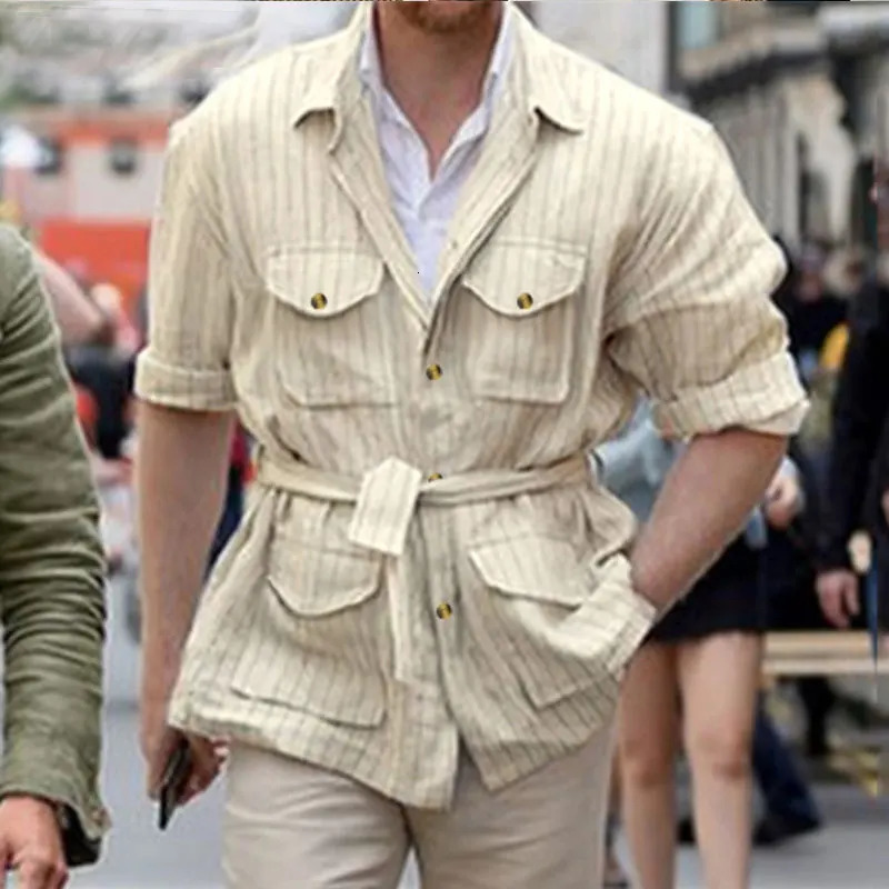 Mens long sleeved belt casual streetwear button pocket shirt S-5XL spring clothing 241009
