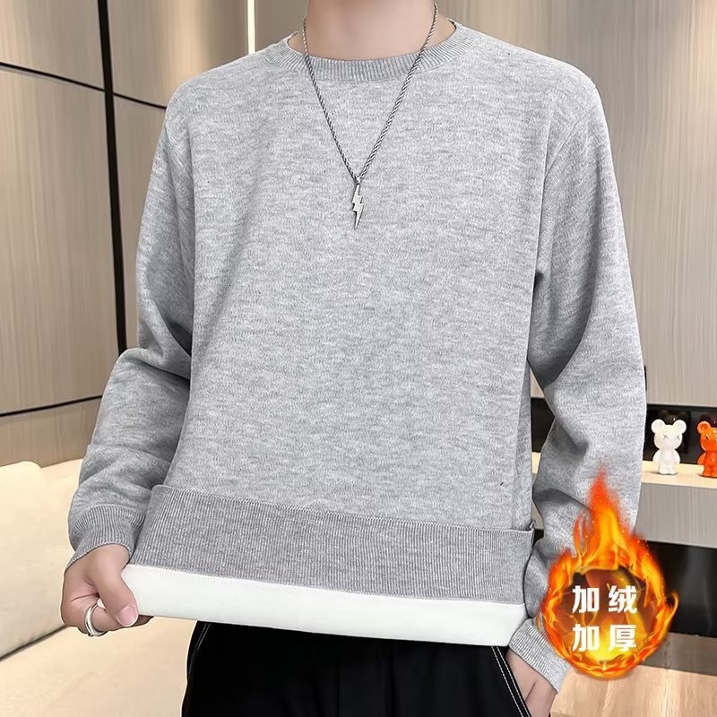 2024 Designer Winter Men's Round Neck Basic Solid Color Integrated Knitted Sweater Inner Bottom Coat Thick Velvet Warmth