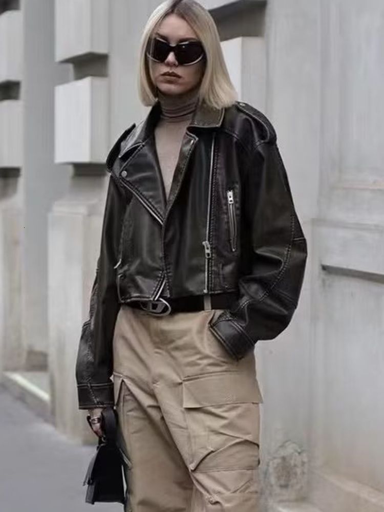 ZACK RAIN Women With Belt Washed Gradient Leather Jackets 2023 Fall/Winter Ladies Coat Vintage Solid Color Loose Female Outwear