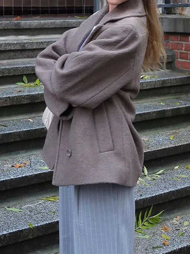 Lapel Pockets Short Woolen Coat for Women 2024 Autumn Winter Double Breasted Long Sleeve Female Jackets Commuting Lady OvercoatX241009