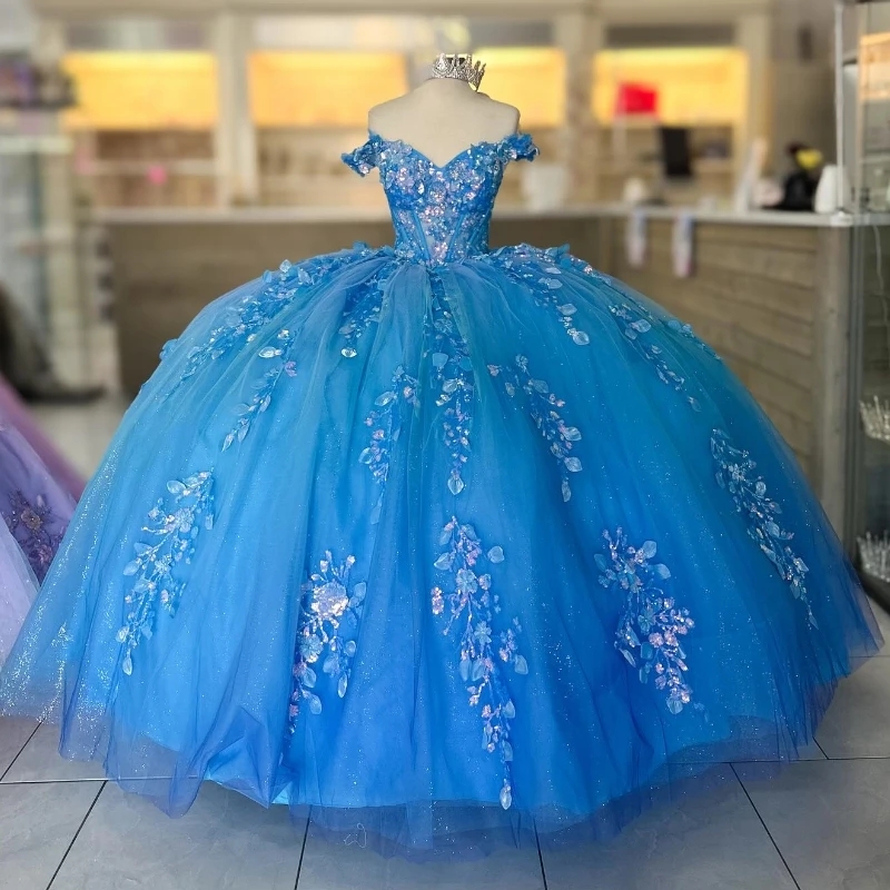 Light Blue Shiny Princess Quinceanera Dresses Ball Gown Off The Shoulder Sequin Applique Lace Beads Tull Corset Sweet 16 Vestidos De XV 15 Anos