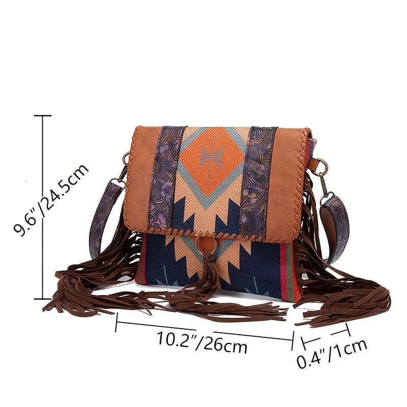 Womens Bohemian style tassel cross body bag womens ethnic shoulder strap bag womens retro ruffled lapel wallet 241008
