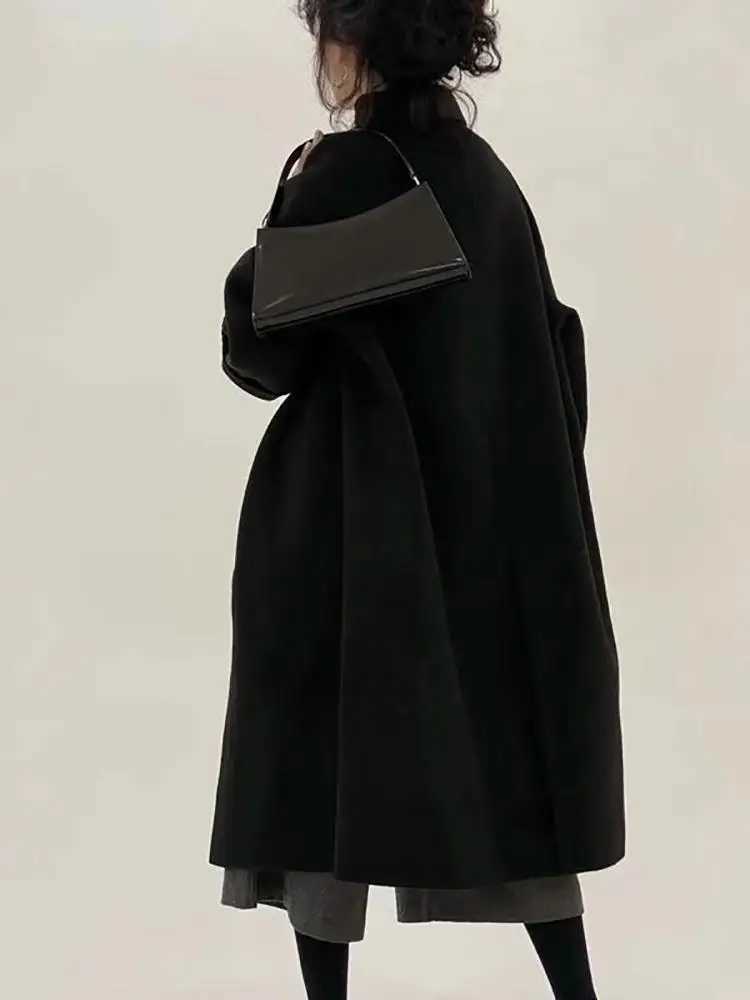 Korean Style Office Lady Woolen Jackets 2024 Autumn And Winter Lapel Single Breasted Loose Elegant Long Womens Wool CoatsX241009
