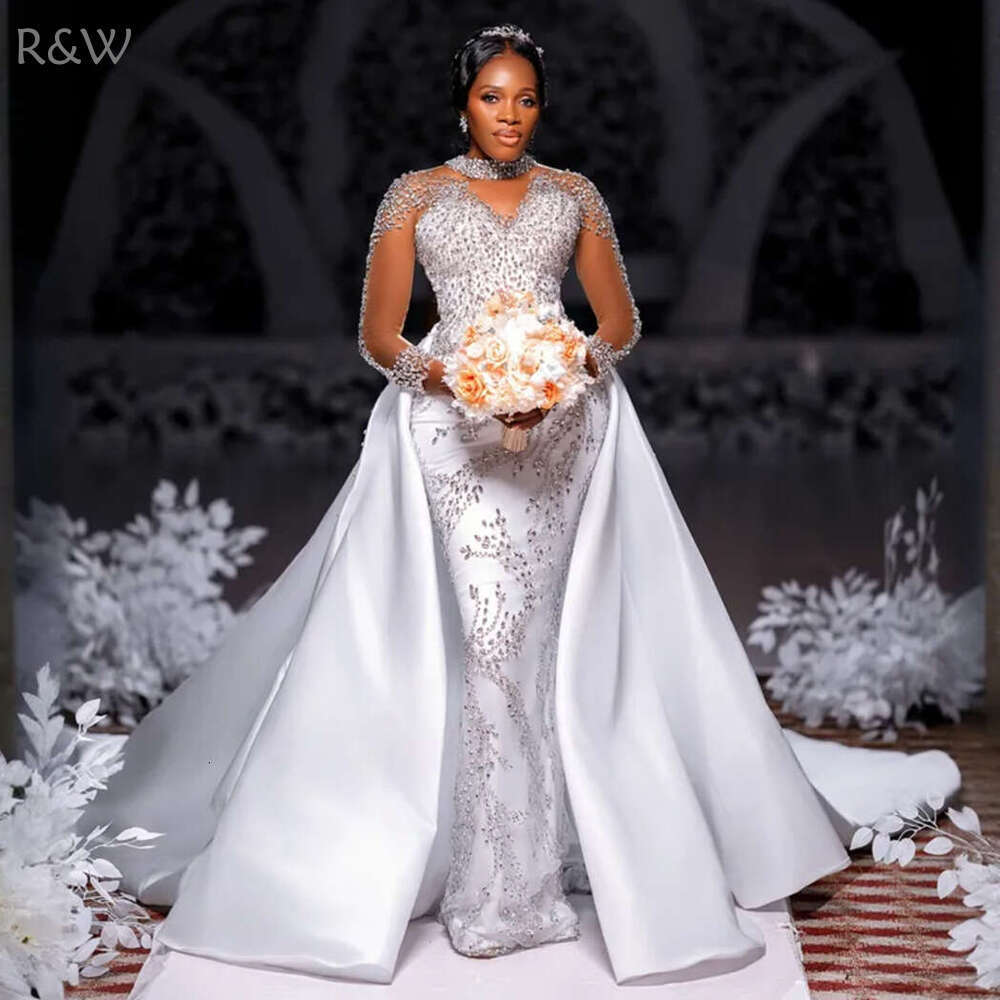 R&W 2024 Plus Size Dresses Bridal Bride With Detachable Train Mermaid High Neck Long Sleeves Beaded Lace Rhies Wedding Gowns For Black Women D319