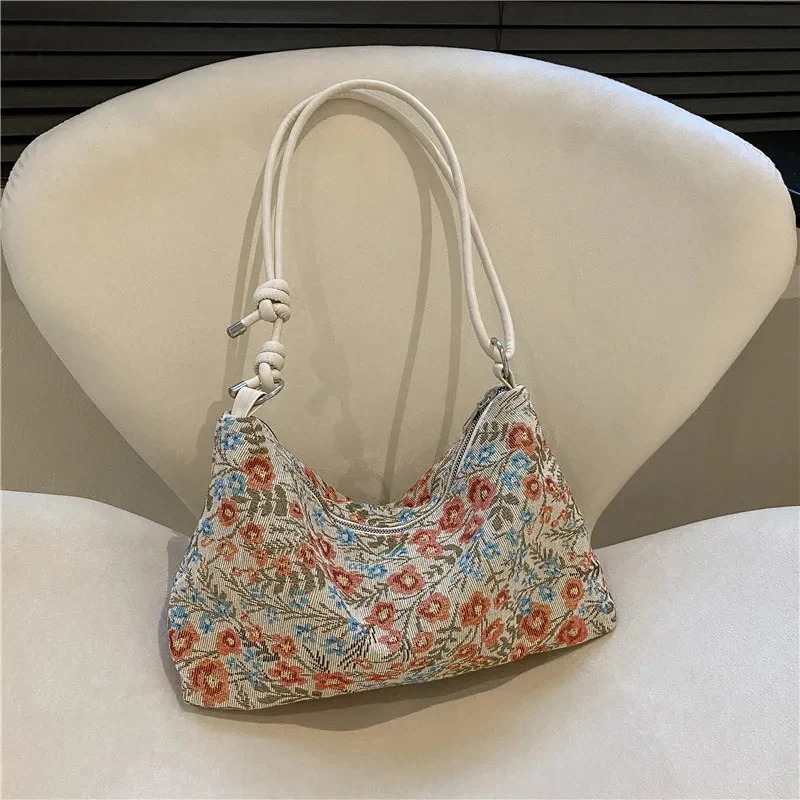 Fashion Retro Canvas Handbag Womens Elegant Flower Embroidery Casual Handbag Shopping Beach Bag Womens Bag Wallet 241008