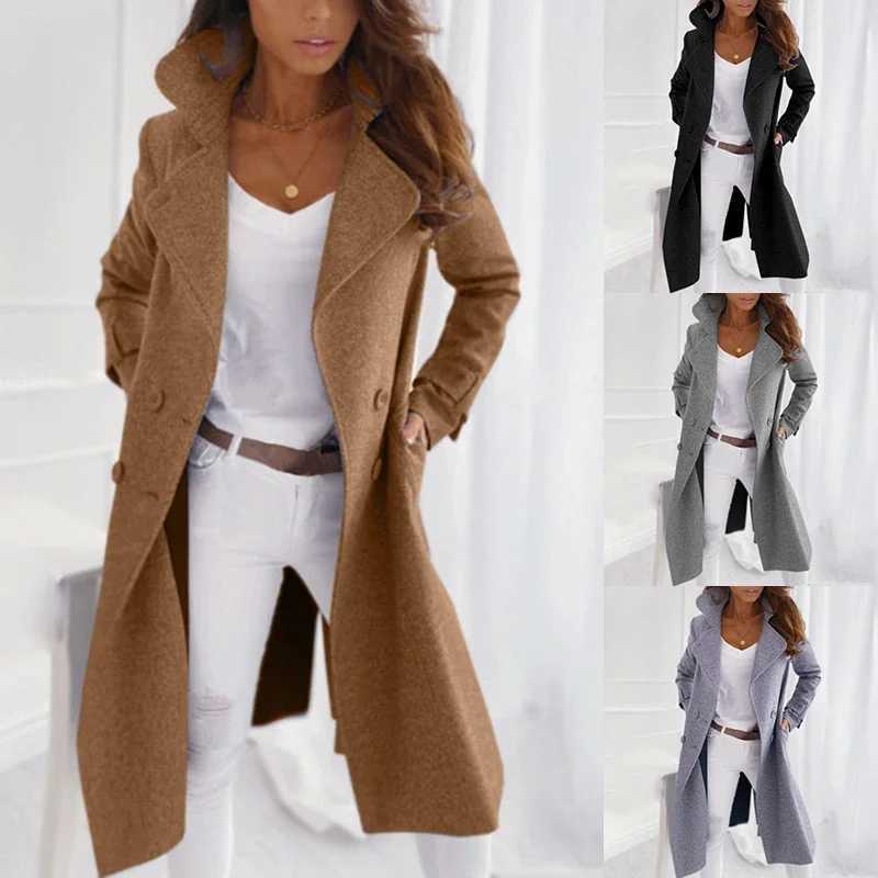 New Fall Windbreaker New Womens Imitation Wool Coat Lapel Long Casual Woolen Coat Solid Casual Double-breasted CoatX241009