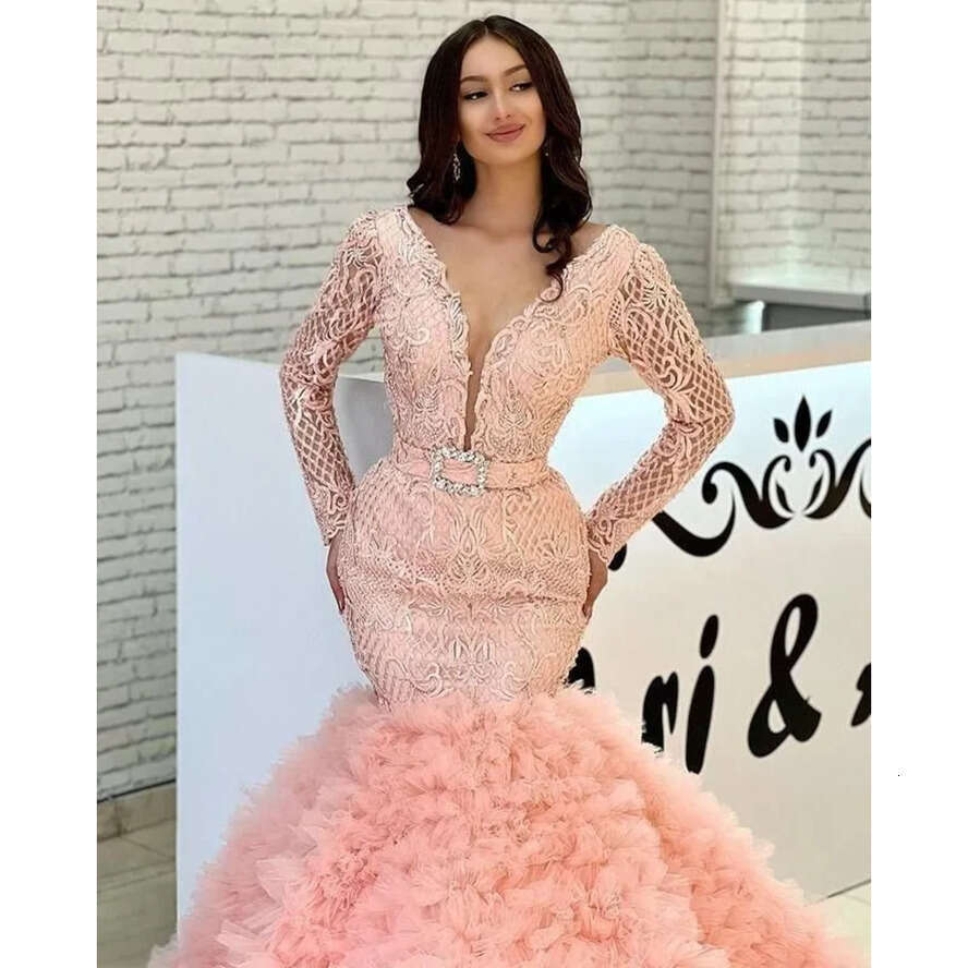 Arabic Mermaid Dresses Prom V Neck Pink Beads Crystal Lace Long Sleeves Tiered Ruffles Tulle Formal Evening Plus Size Pageant Wear Party Gowns Custom 