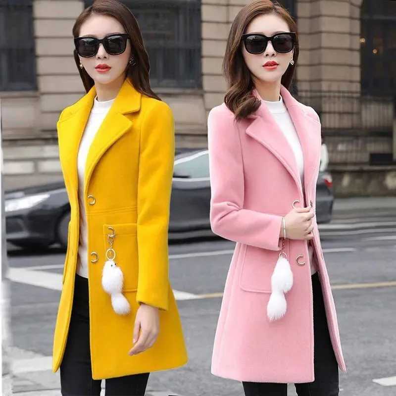 2024 Autumn Winter Ladies New Version Of The V-neck Solid Color Woolen Coat Womens Mid-Length Slim Thin Woolen CoatX241009