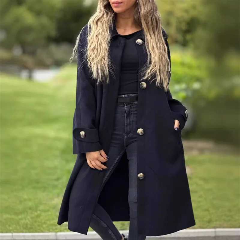 Autumn Winter Single-breasted Cardigan Tweed Jacket Women Large Lapel Double Pockets Long Outerwear Female Casual Commuter CoatX241009