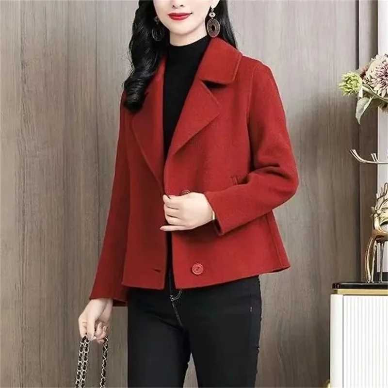 2024 Spring Autumn Women Woolen Coat Fashion Lapel Collar Short Loose Jackets Female Single breasted Solid color OvercoatX241009