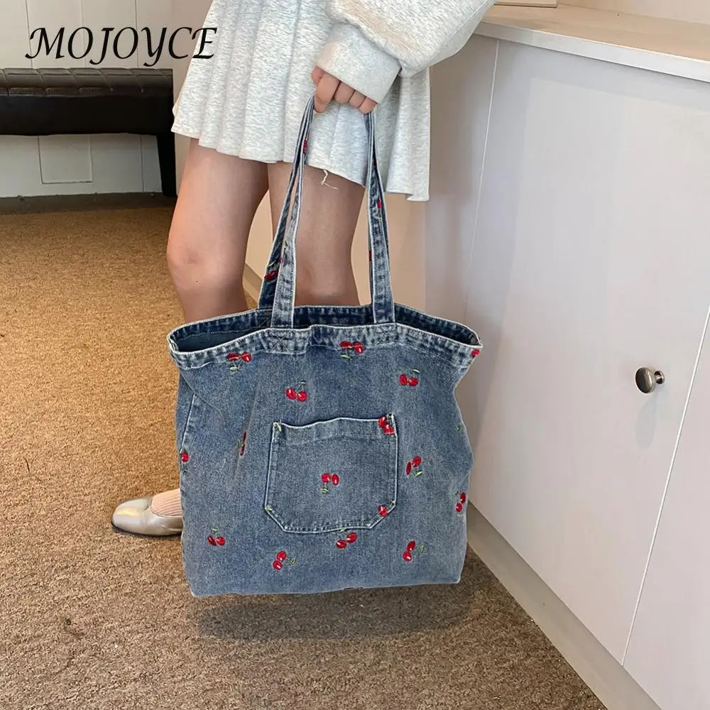 Womens denim shoulder bag simple handbag large capacity fashionable homeless bag cherry pattern retro handbag outdoor travel bag 241008