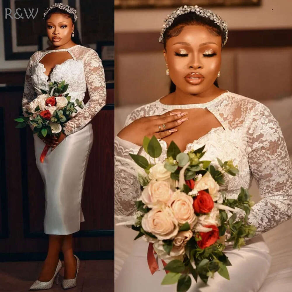 R&W Plus Size Illusion Trumpet Wedding Bride Tea Length Mermaid Long Sleeves Jewel Elegant Bridal Dress African Short Gown for Marriage Black Women D0