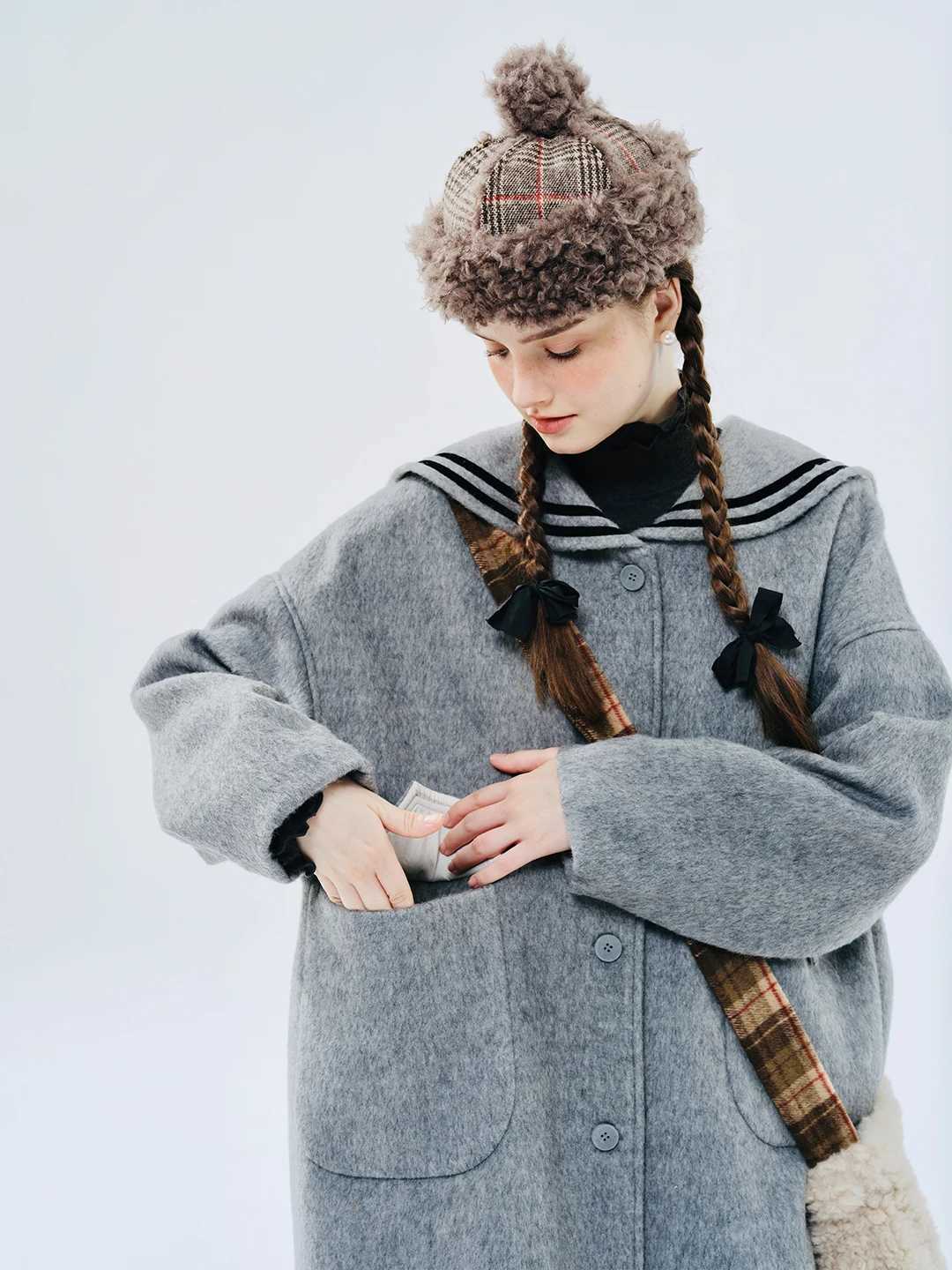 IMAKOKONI original design lapel loose navy collar pocket single breasted jacket womens coat 234402X241009