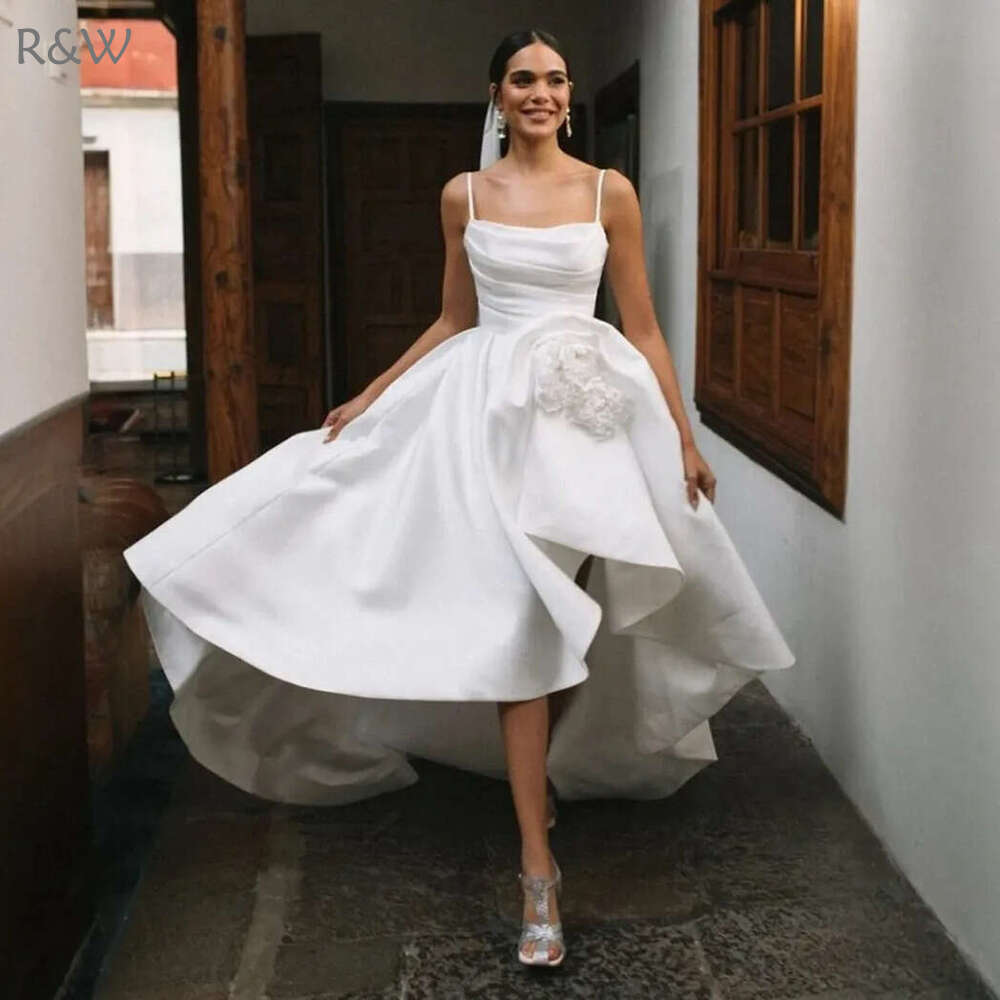 R&W Hi-Low Short Wedding Dresses Spaghetti Straps Draped Bridal Dress Bride Satin Simple Style Marriage for African Arabic Black Women D142