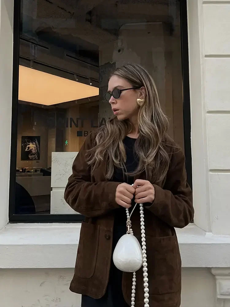 Fashionable coffee suede leather jacket womens casual lapel single chest long sleeved jacket autumn street jacket 241009